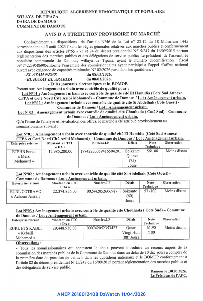 AVIS D’ATTRIBUTION PROVISOIRE DU MARCHÉ