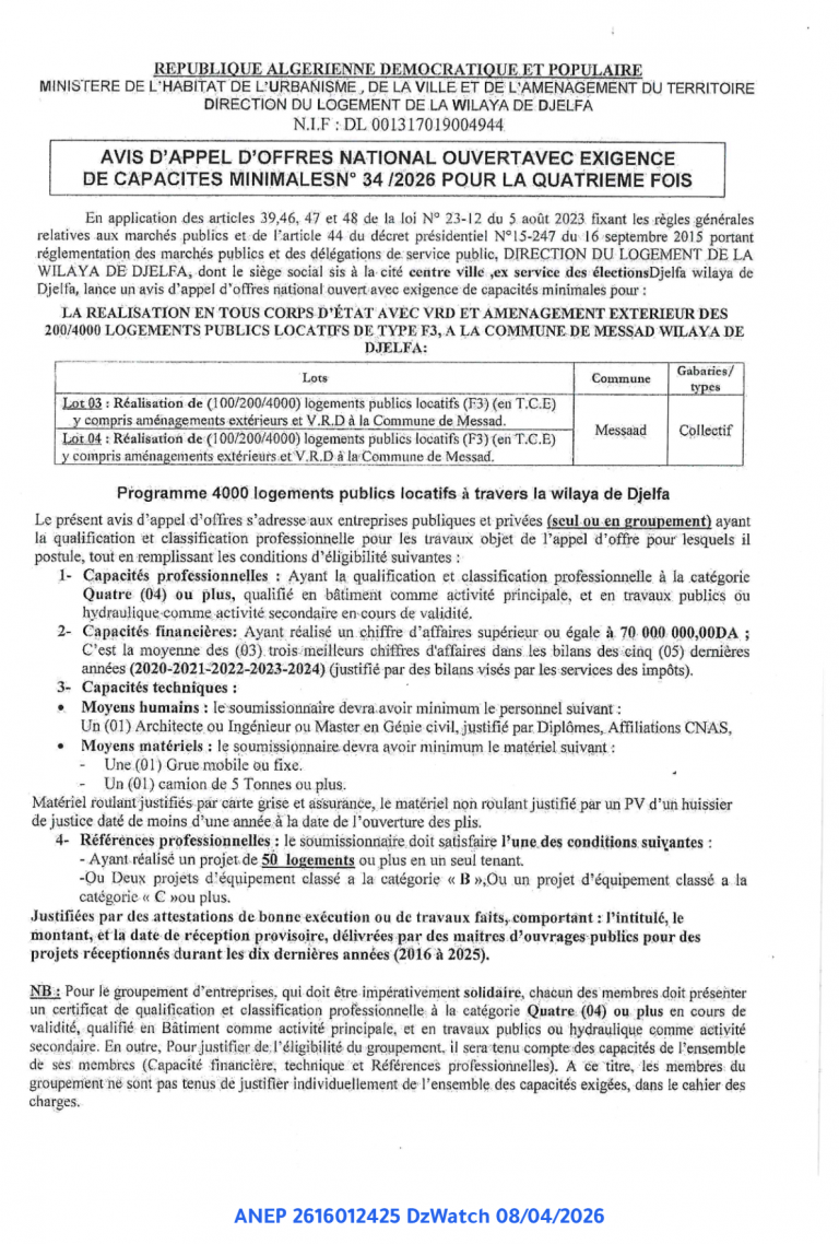 AVIS D’APPEL D’OFFRES NATIONAL OUVERT AVEC EXIGENCE DE CAPACITES MINIMALES