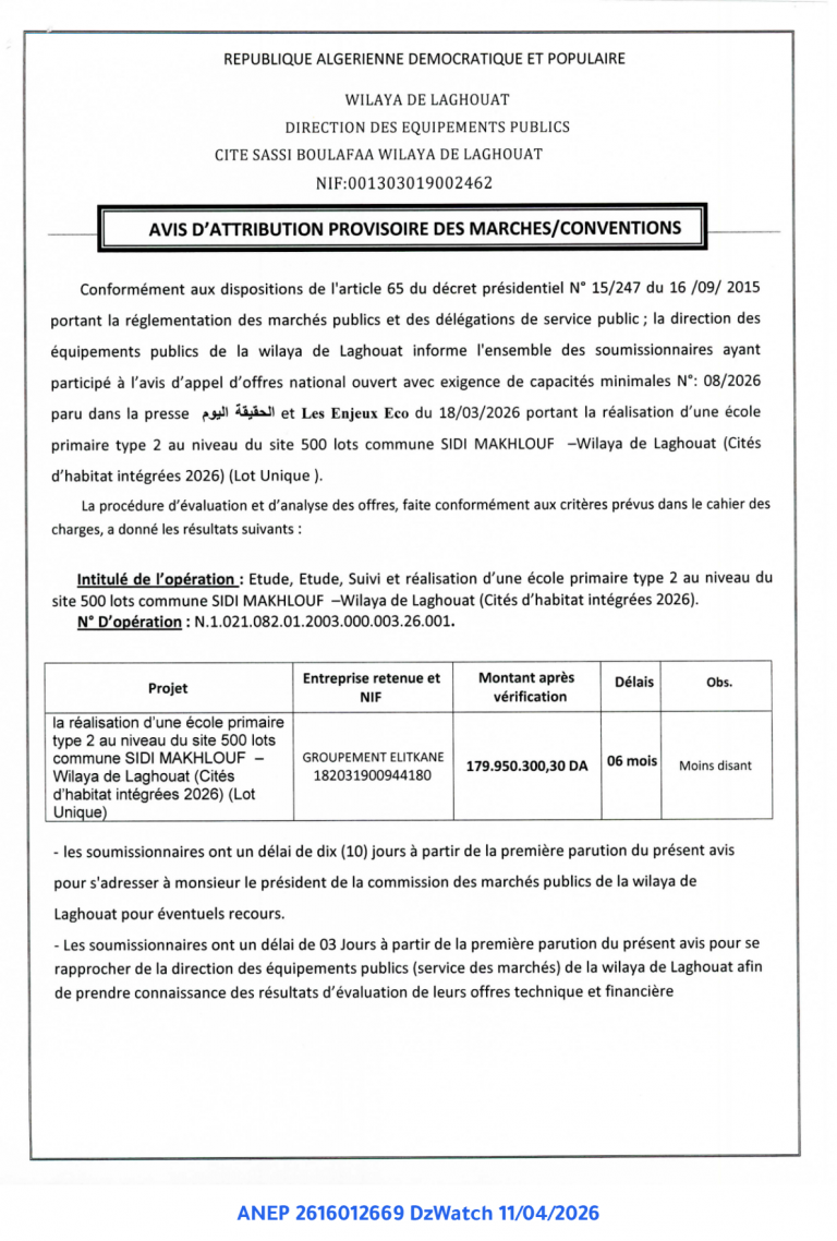 AVIS D’ATTRIBUTION PROVISOIRE DES MARCHES/CONVENTIONS