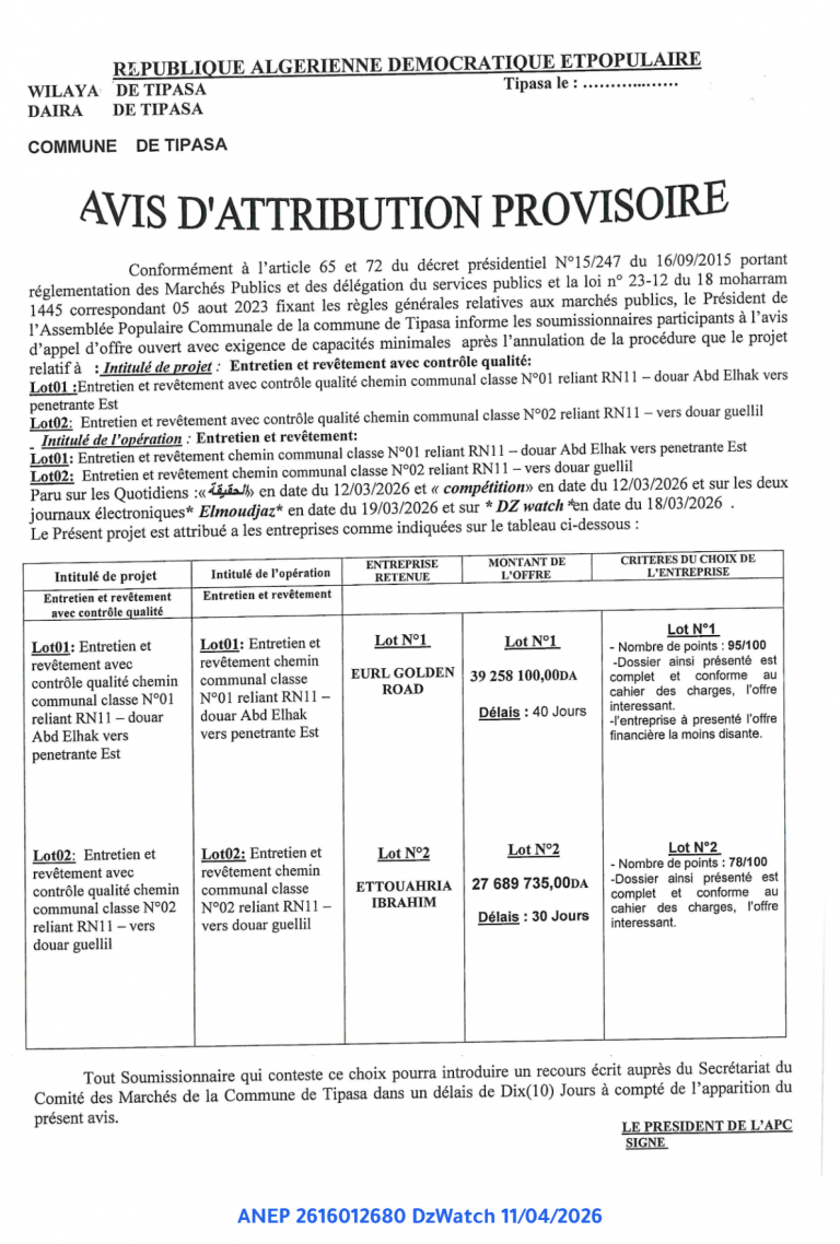 AVIS D’ATTRIBUTION PROVISOIRE