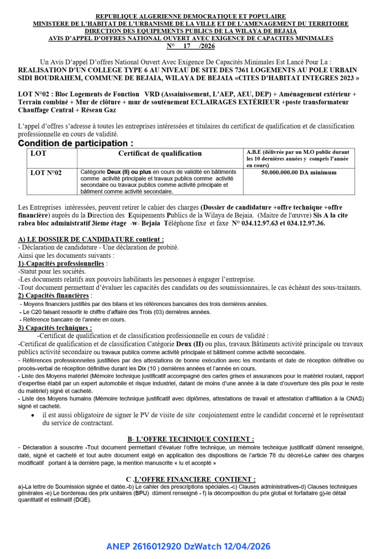 AVIS D’APPEL D’OFFRES NATIONAL OUVERT AVEC EXIGENCE DE CAPACITES MINIMALES