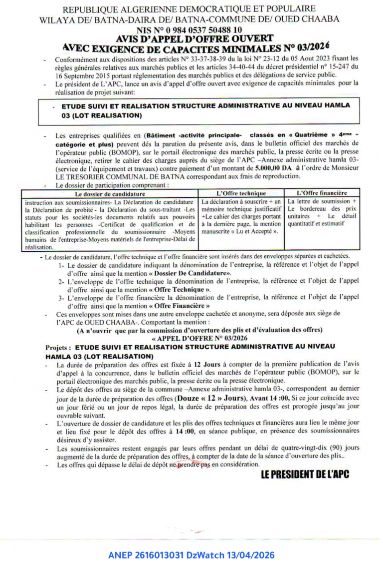 AVIS D’APPEL D’OFFRE OUVERT