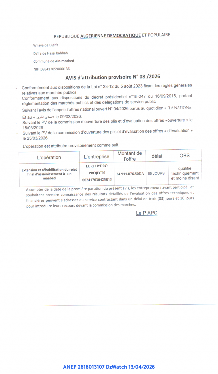 AVIS d’attribution provisoire