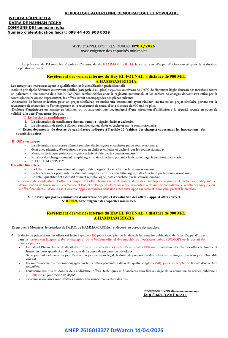 AVIS D’APPEL D’OFFRES OUVERT N°03./2026