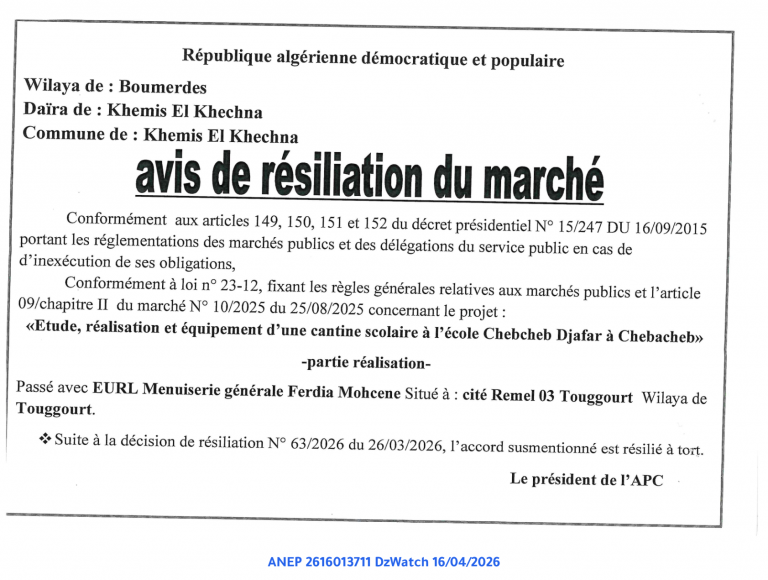 avis de résiliation du marché