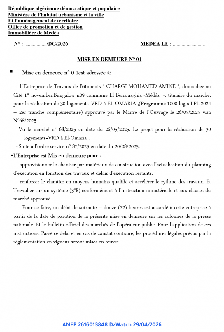 MISE EN DEMEURE N° 01
