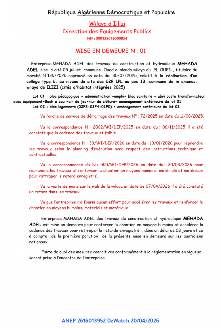 MISE EN DEMEURE N : 01