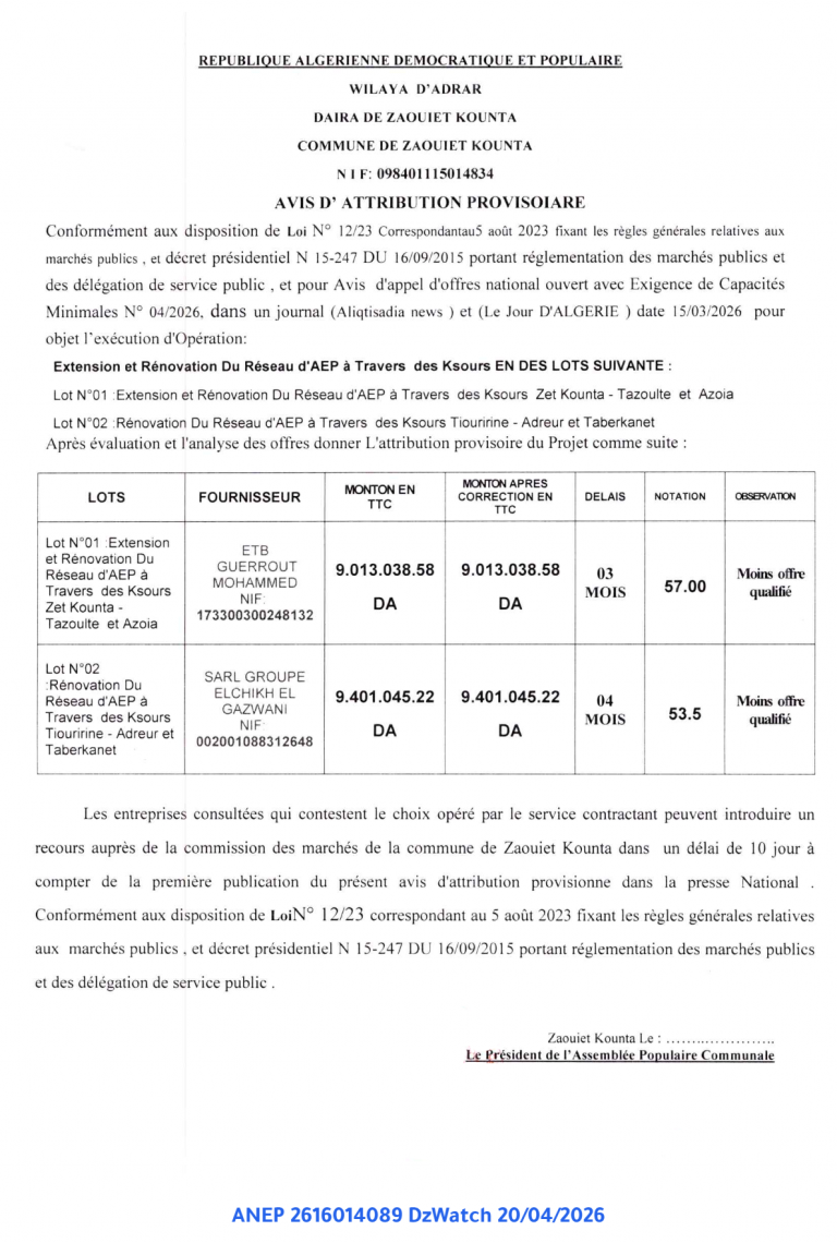 AVIS D’ ATTRIBUTION PROVISOIARE