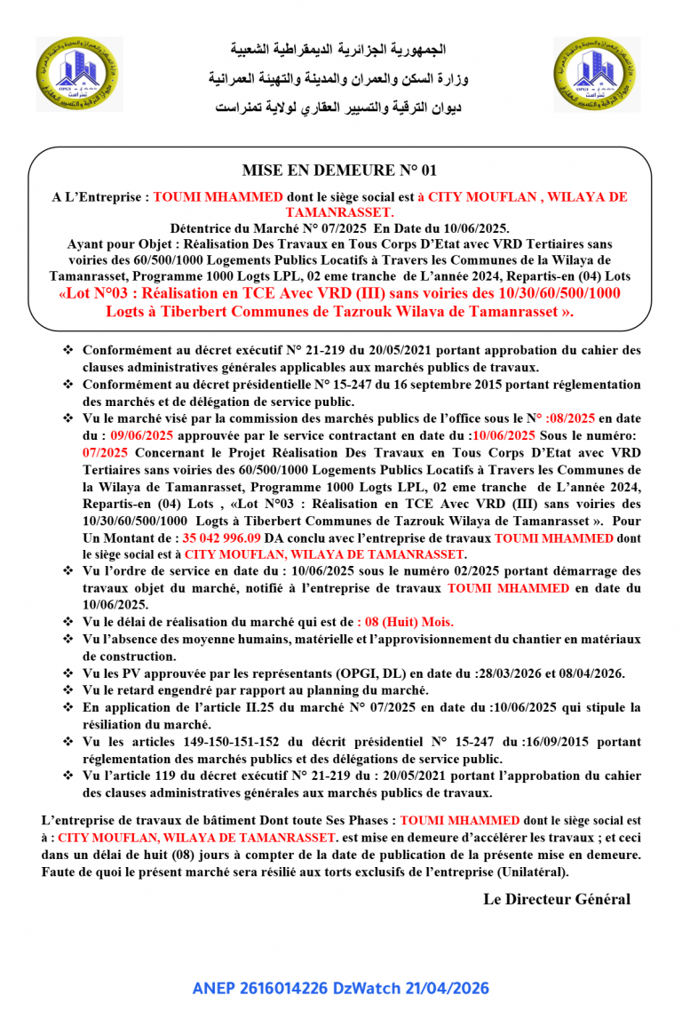 MISE EN DEMEURE N° 01