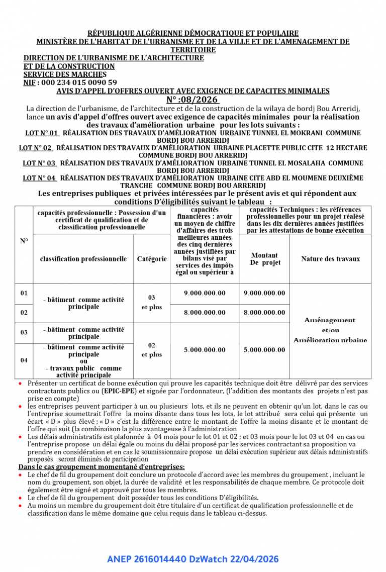 AVIS D’APPEL D’OFFRES OUVERT AVEC EXIGENCE DE CAPACITES MINIMALES