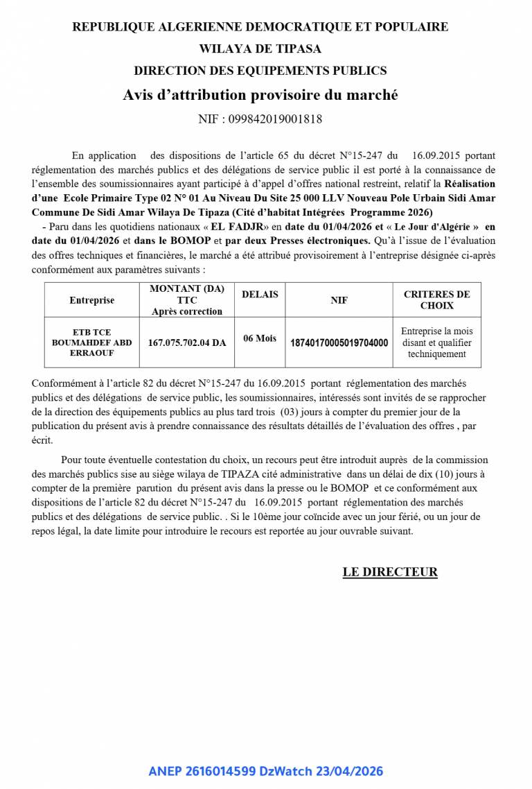 Avis d’attribution provisoire du marché