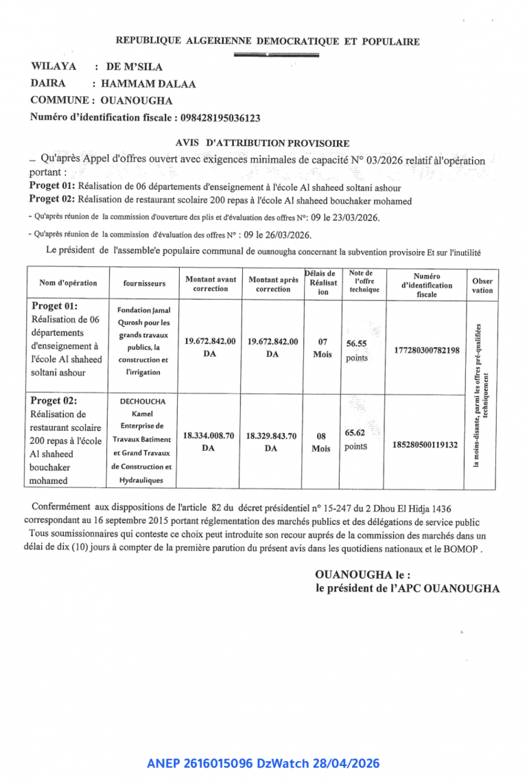 AVIS D’ATTRIBUTION PROVISOIRE