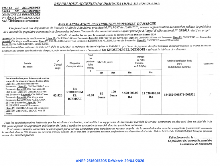 AVIS D’ANNULATION D’ATTRIBUTION PROVISOIRE DU MARCHE