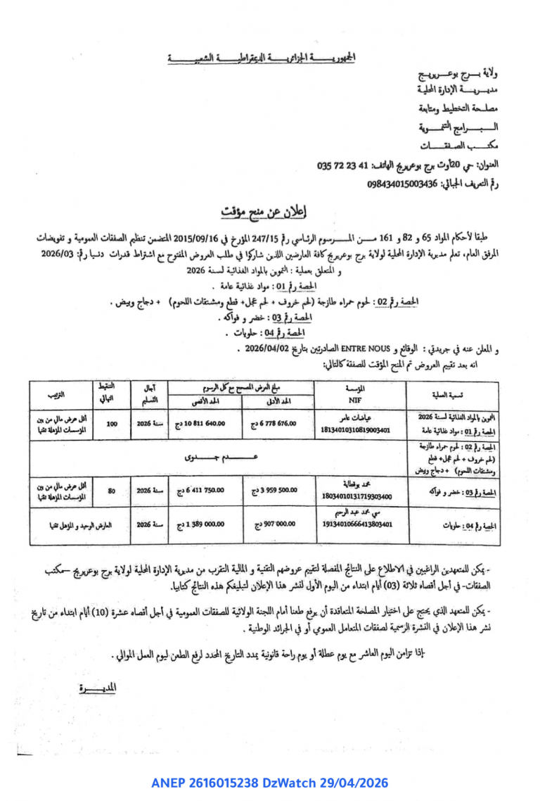 إعلان عن منح مؤقت