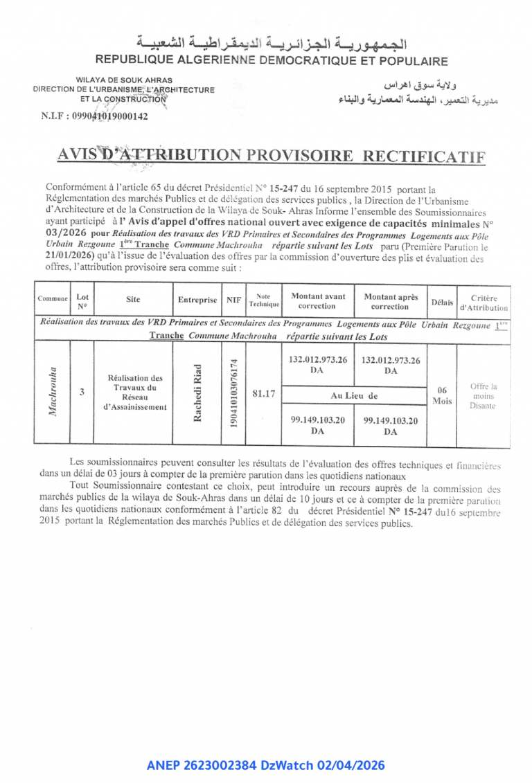 AVIS D’ATTRIBUTION PROVISOIRE RECTIFICATIF