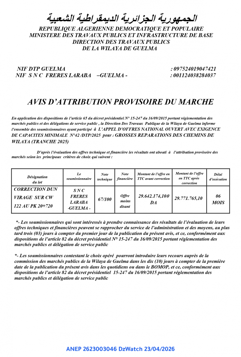 AVIS D’ATTRIBUTION PROVISOIRE DU MARCHE