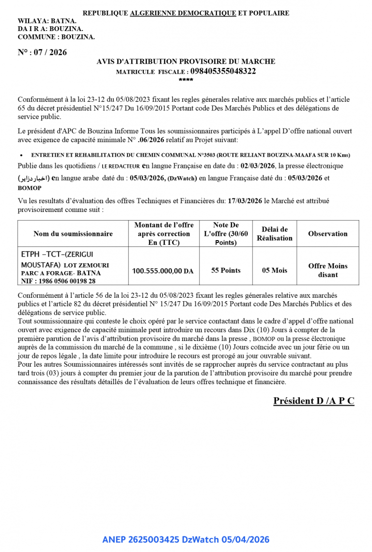 AVIS D’ATTRIBUTION PROVISOIRE DU MARCHE