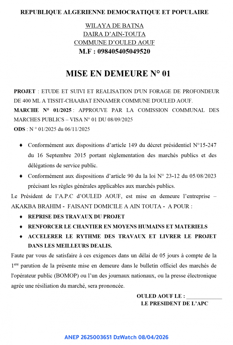 MISE EN DEMEURE N° 01