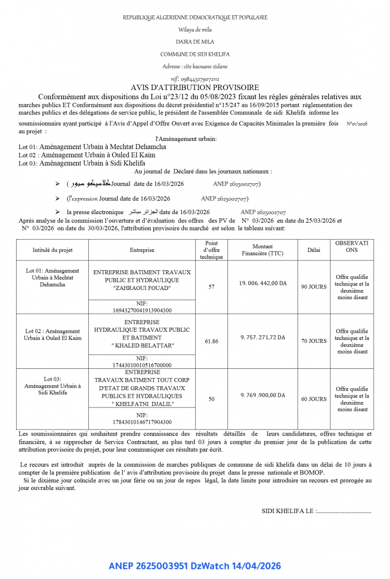 AVIS D’ATTRIBUTION PROVISOIRE