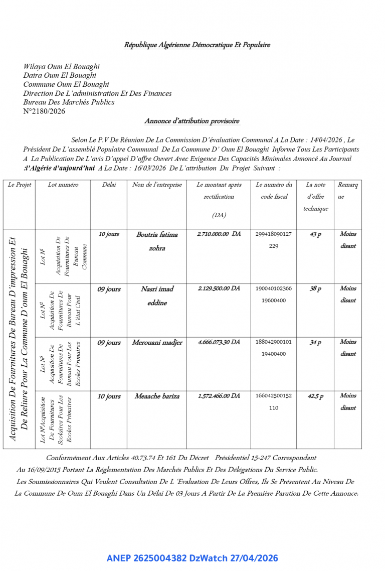 Annonce d’attribution provisoire