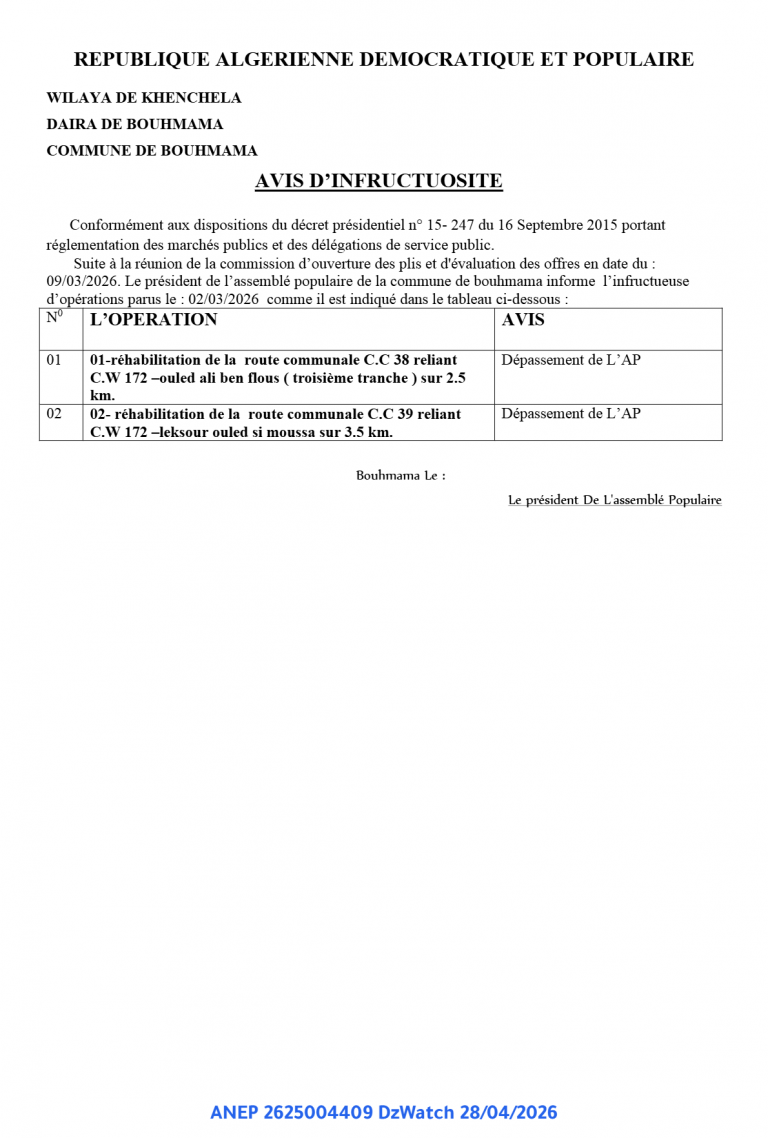 AVIS D’INFRUCTUOSITE