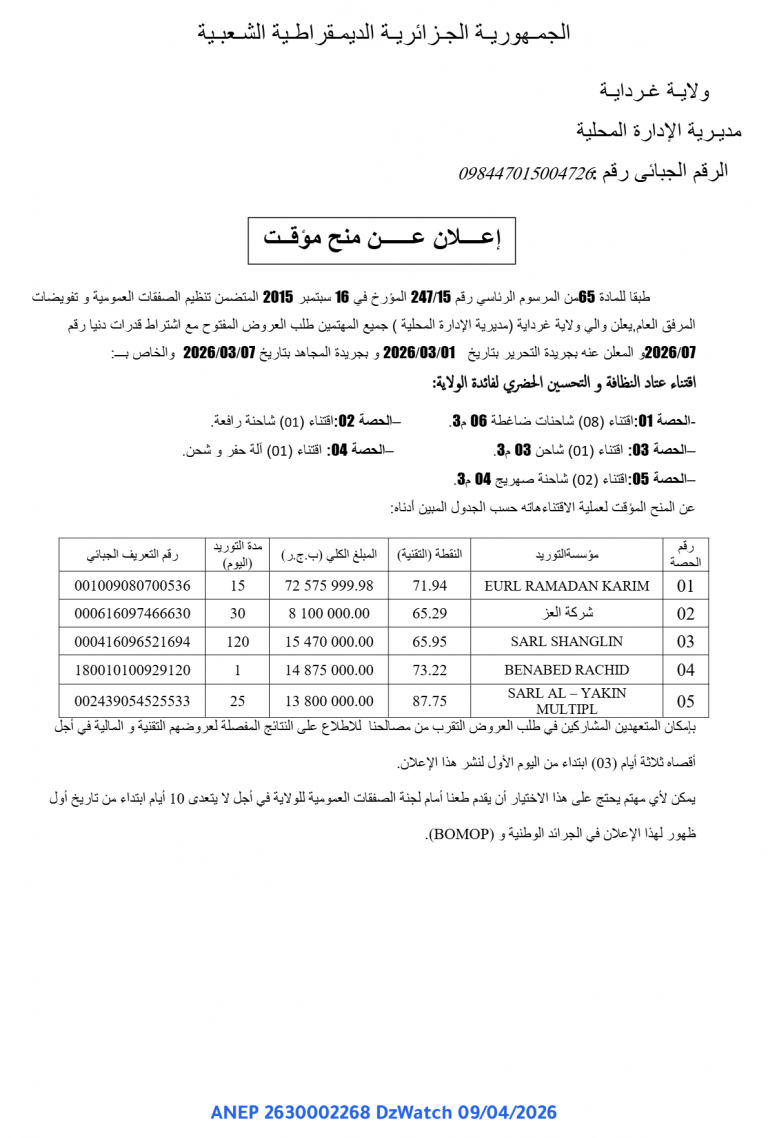 إعلان عن منح مؤقت