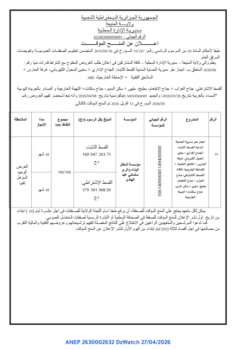 إعلان عن المنح المؤقت