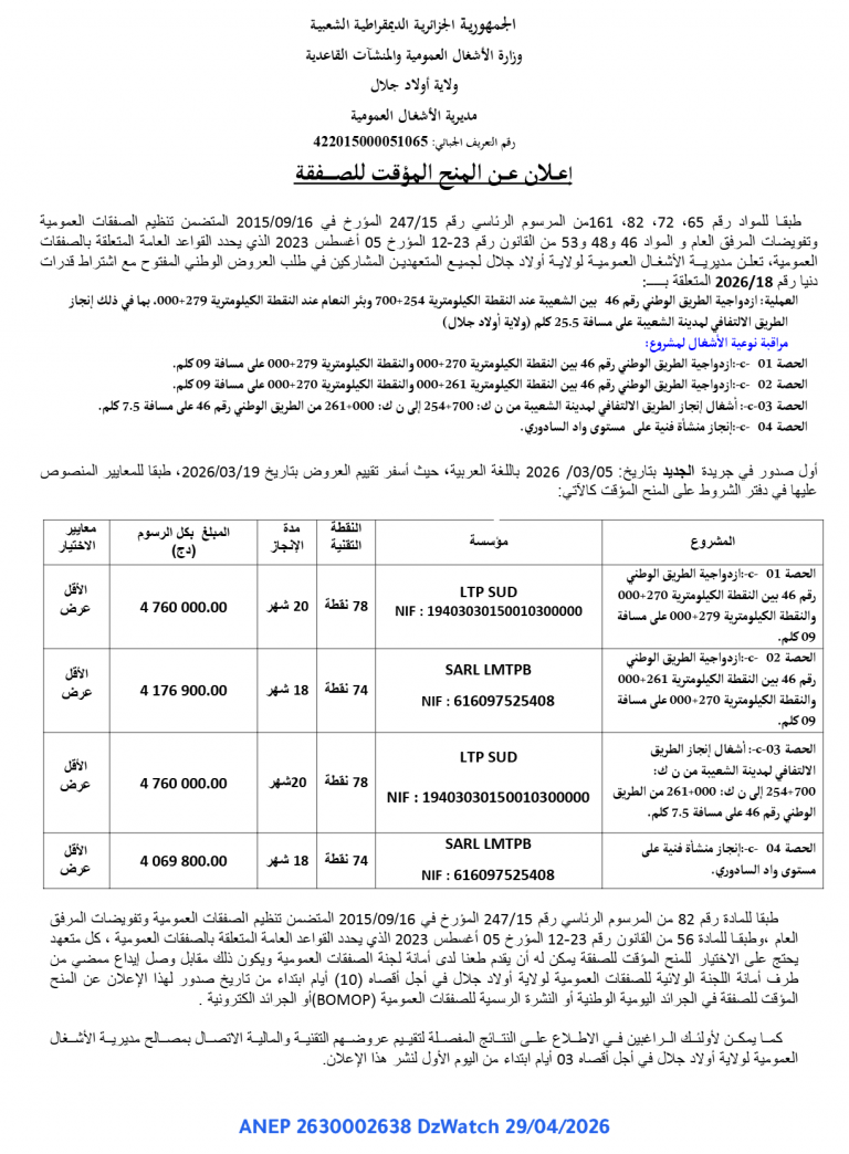 إعلان عن المنح المؤقت للصفقة