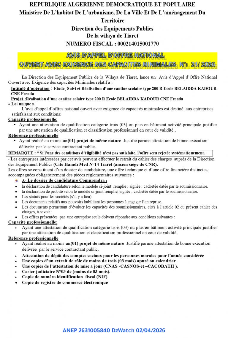 AVIS D’APPEL D’OFFRE NATIONAL OUVERT AVEC EXIGENCE DES CAPACITES MINIMALES