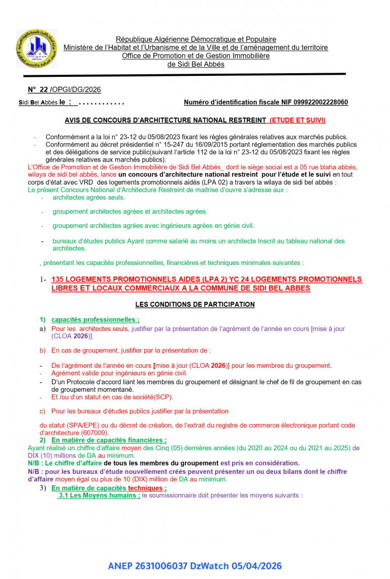 AVIS DE CONCOURS D’ARCHITECTURE NATIONAL RESTREINT