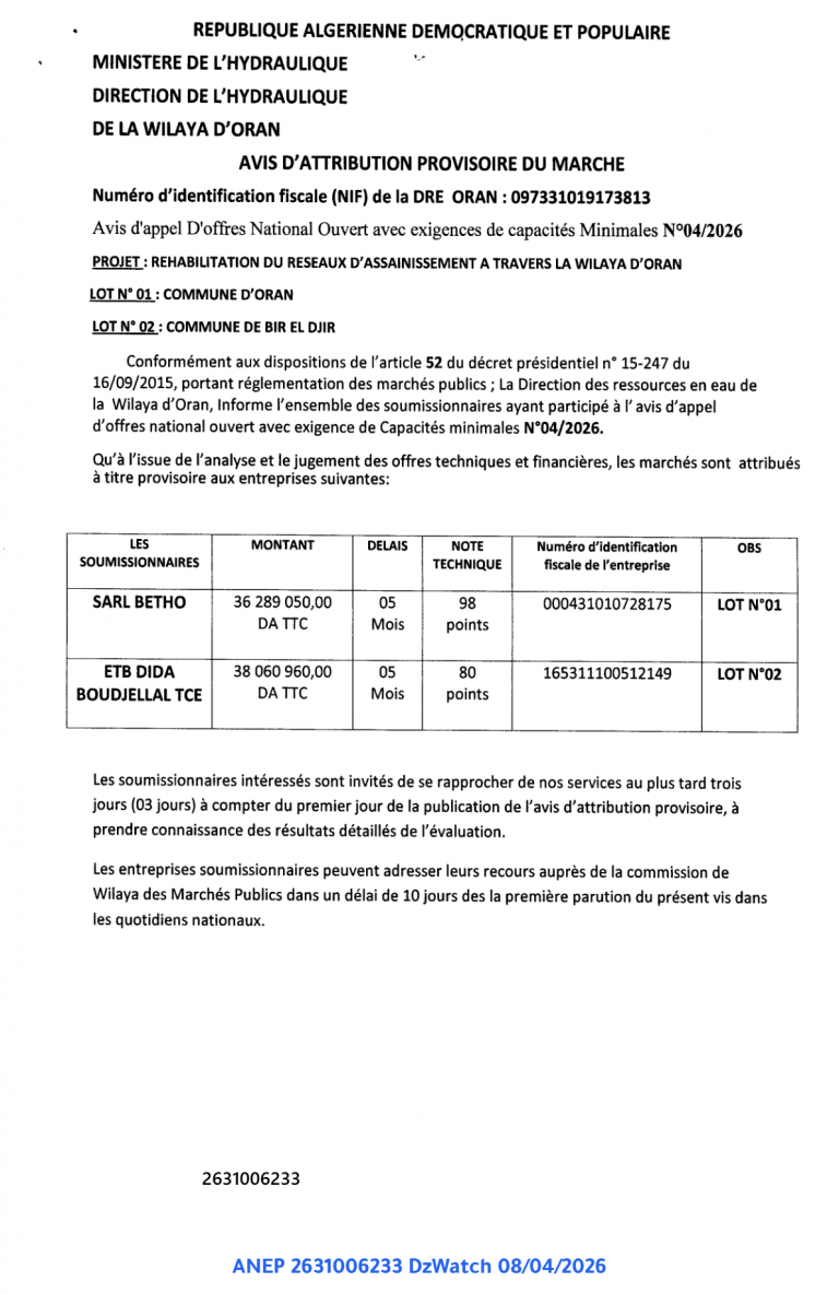 AVIS D’ATTRIBUTION PROVISOIRE DU MARCHE