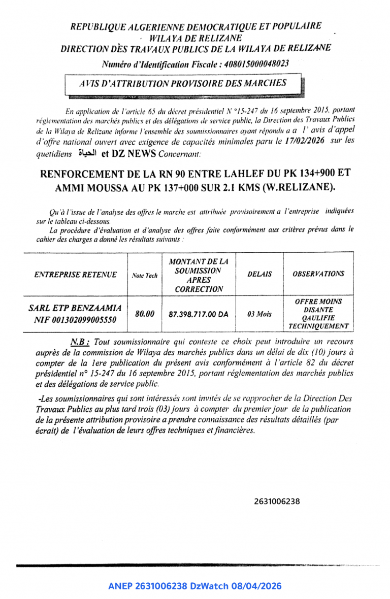 AVIS D’ATTRIBUTION PROVISOIRE DES MARCHES