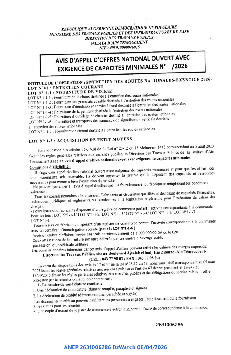 AVIS D’APPEL D’OFFRES NATIONAL OUVERT AVEC EXIGENCE DE CAPACITES MINIMALES