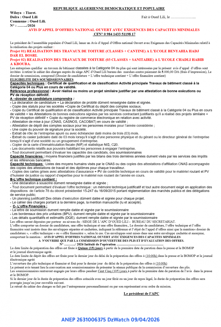 AVIS D’APPEL D’OFFRES NATIONAL OUVERT AVEC EXIGENCES DES CAPACITES MINIMALES