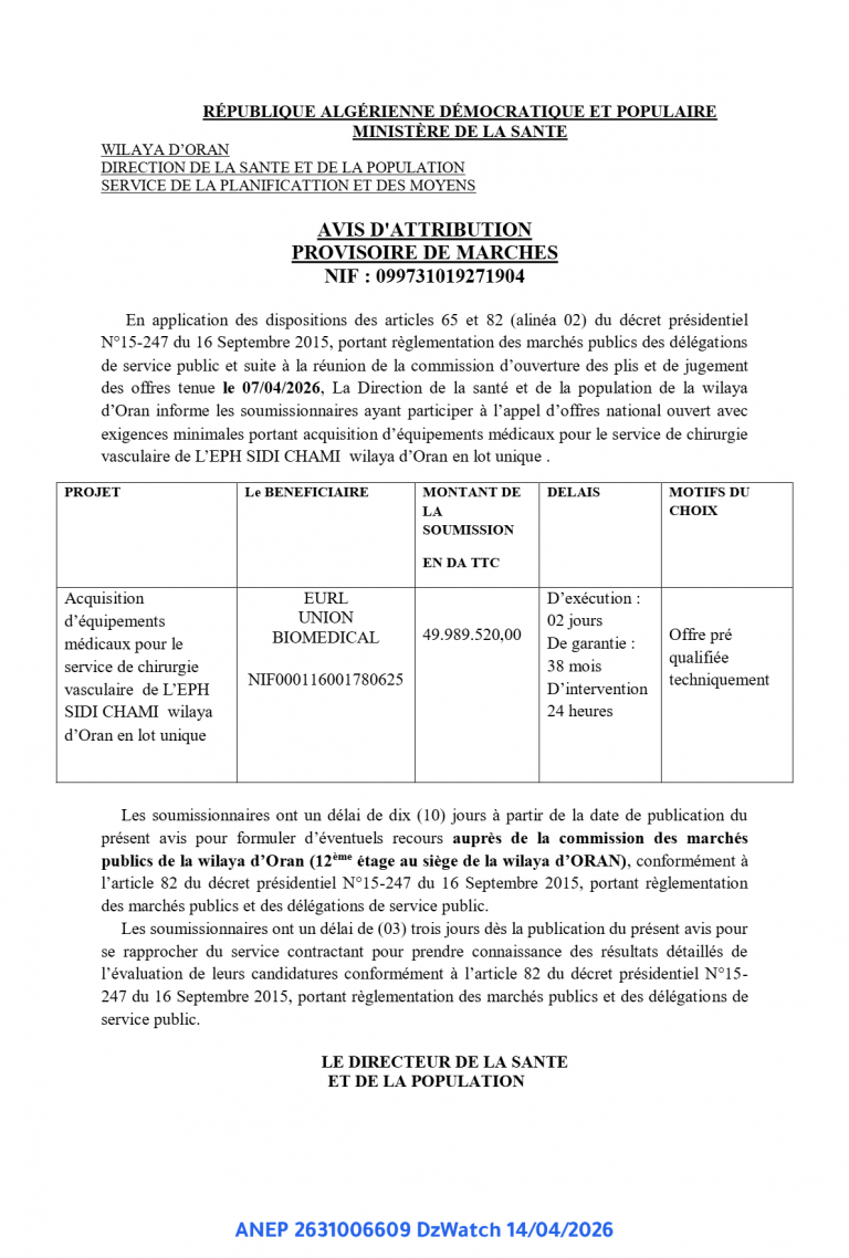 AVIS D’ATTRIBUTION PROVISOIRE DE MARCHES