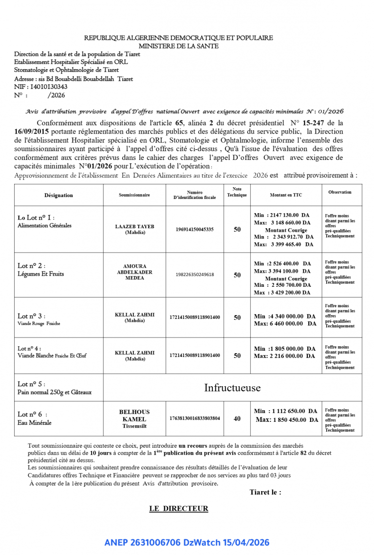 Avis d’attribution provisoire