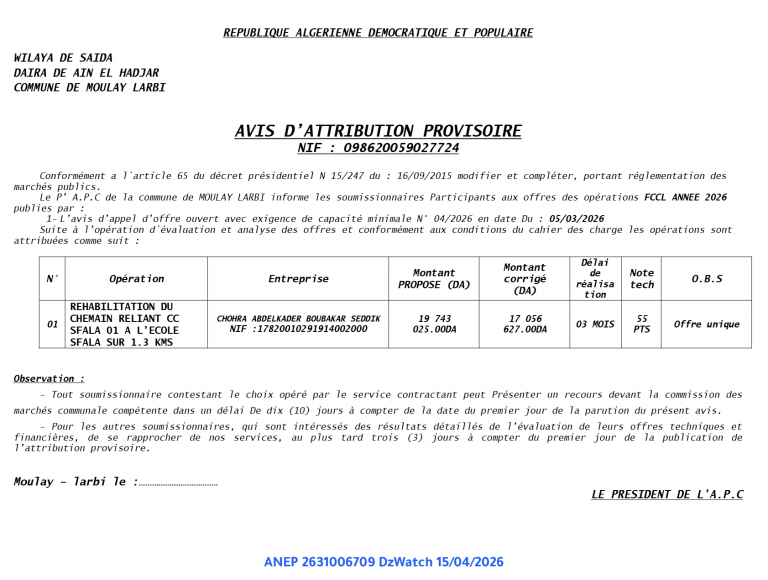 AVIS D’ATTRIBUTION PROVISOIRE
