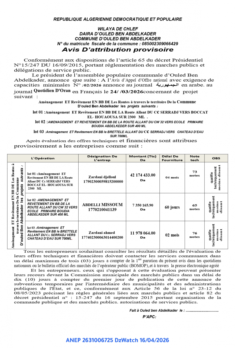 Avis D’attribution provisoire