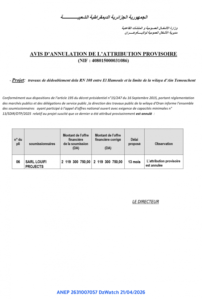 AVIS D’ANNULATION DE L’ATTRIBUTION PROVISOIRE