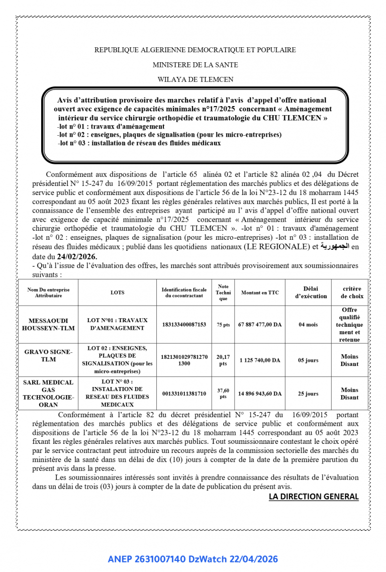 Avis d’attribution provisoire des marches