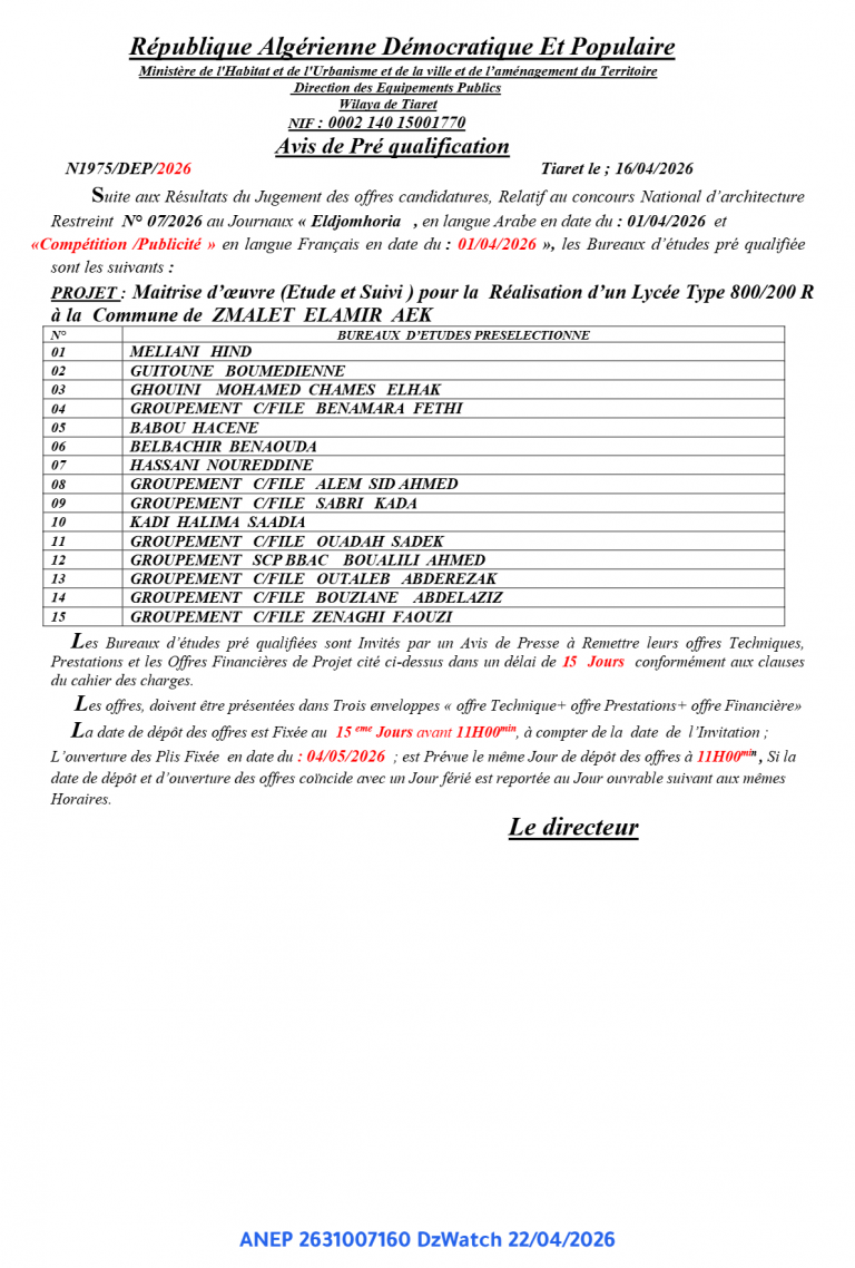 Avis de Pré qualification