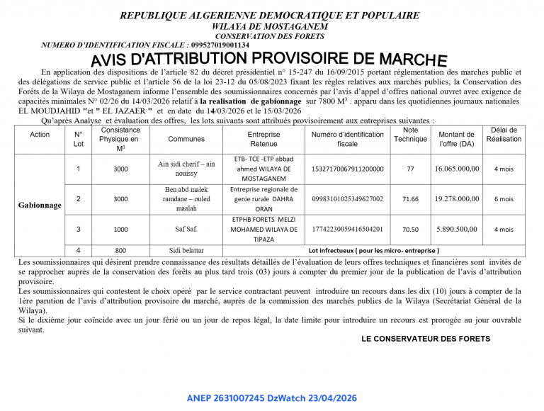 AVIS D’ATTRIBUTION PROVISOIRE DE MARCHE