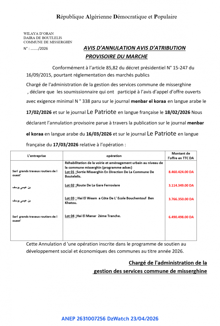 AVIS D’ANNULATION AVIS D’ATRIBUTION PROVISOIRE DU MARCHE