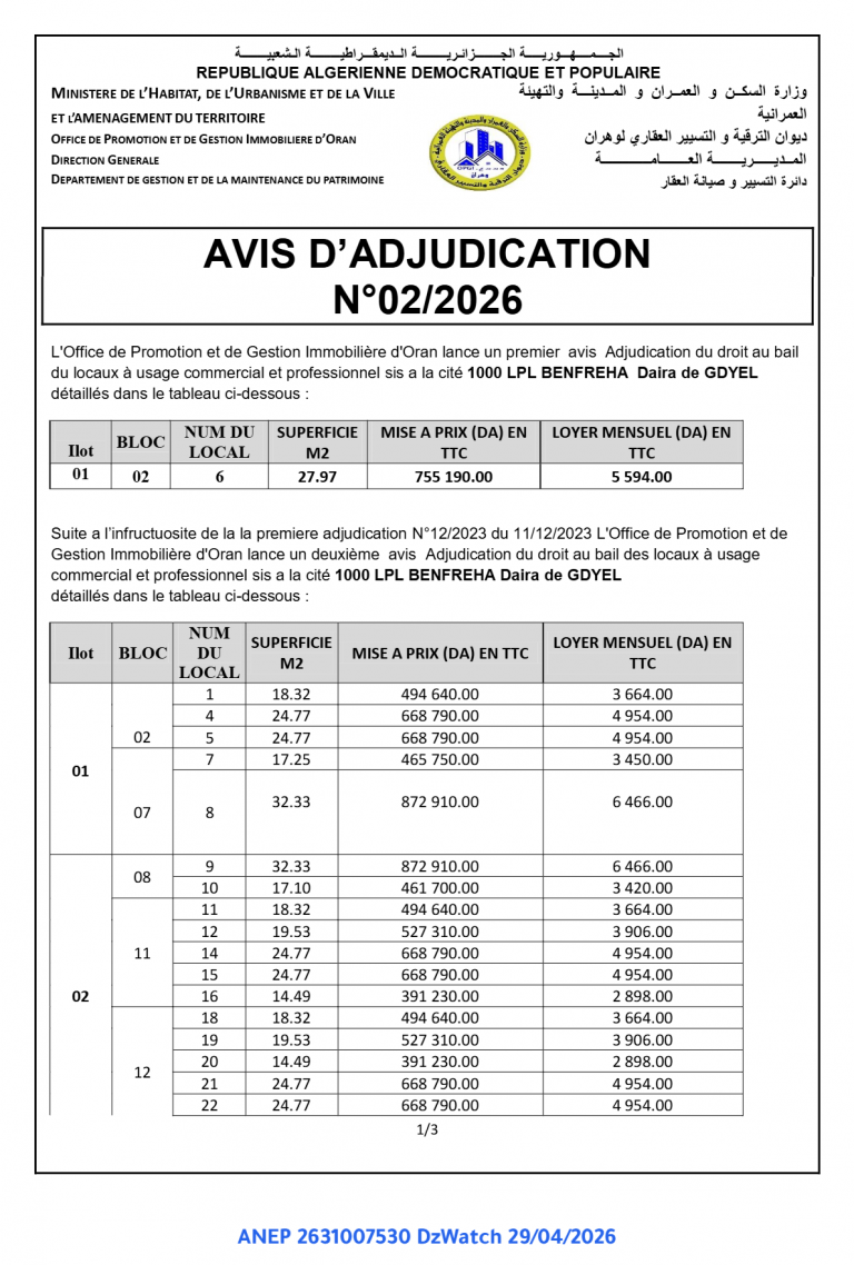 AVIS D’ADJUDICATION