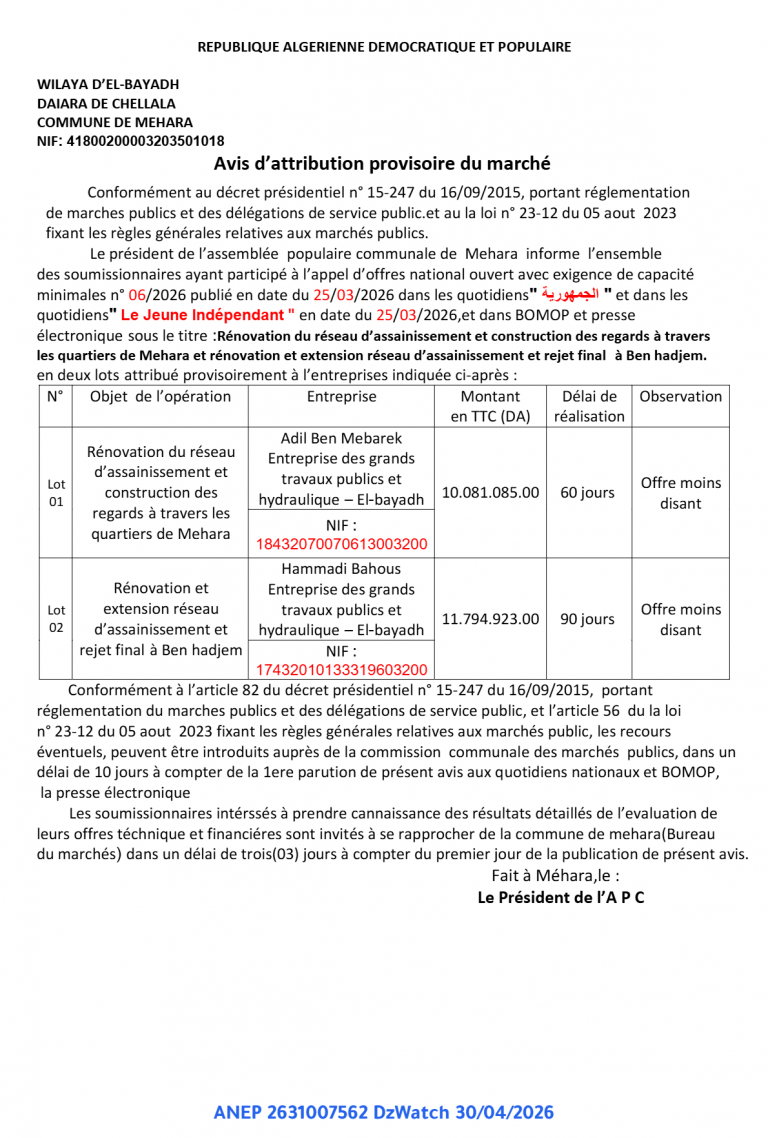 Avis d’attribution provisoire du marché