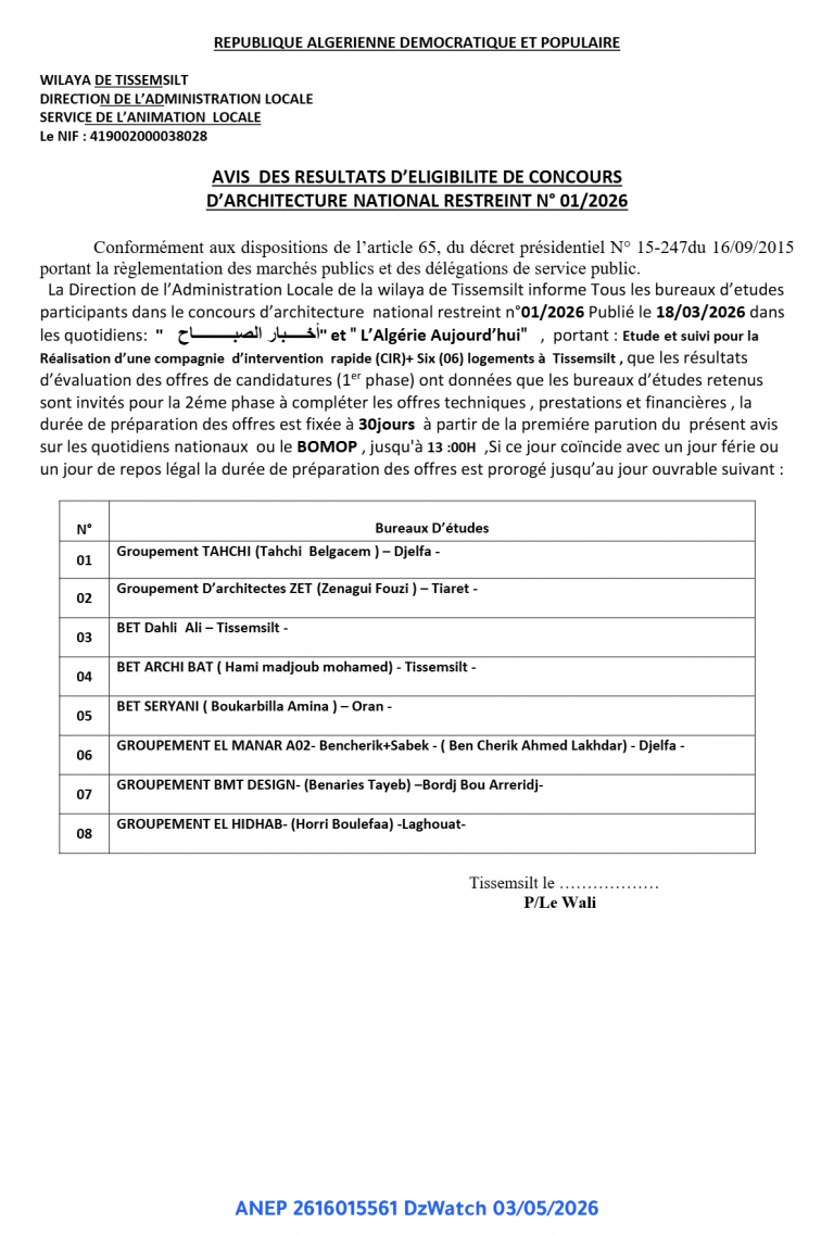AVIS DES RESULTATS D’ELIGIBILITE DE CONCOURS