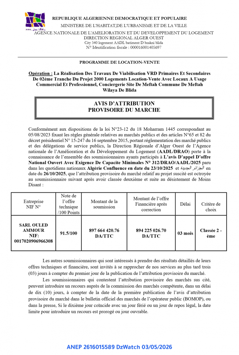 AVIS D’ATTRIBUTION PROVISOIRE DU MARCHE