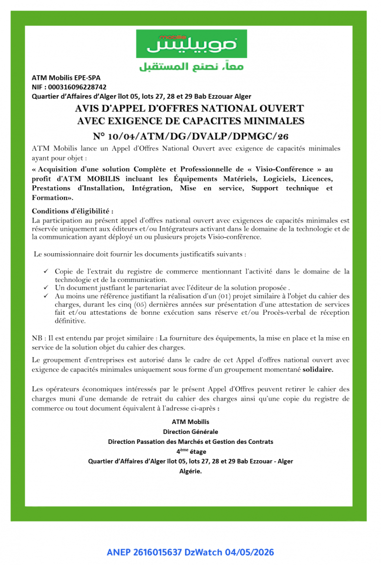 AVIS D’APPEL D’OFFRES NATIONAL OUVERT AVEC EXIGENCE DE CAPACITES MINIMALES