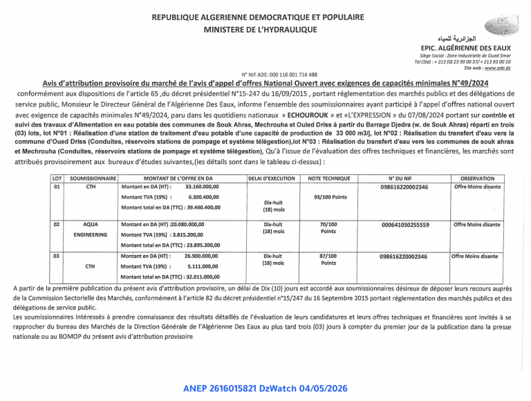 Avis d’attribution provisoire