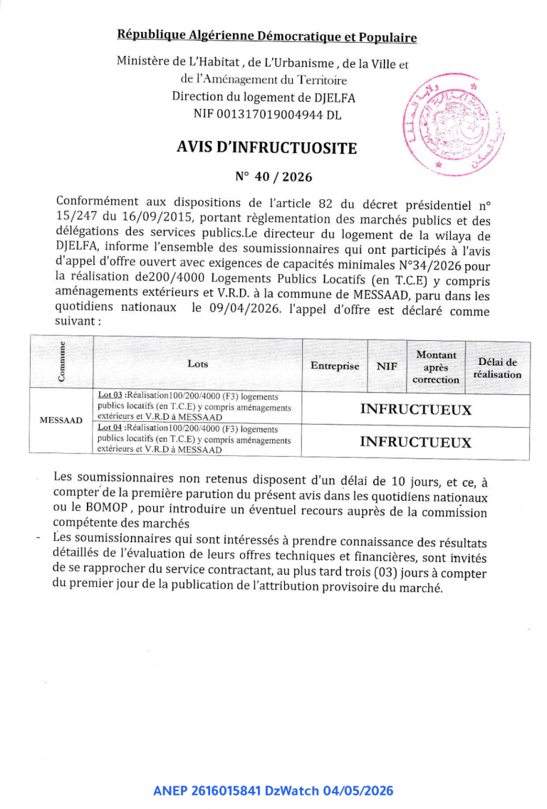 AVIS D’INFRUCTUOSITE